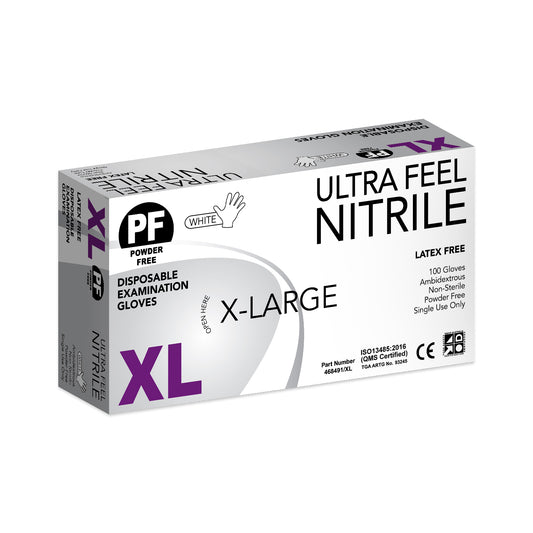 Ultra Feel® Disposable Examination Nitrile White Gloves Chemo-Tested Powder-Free Box/100