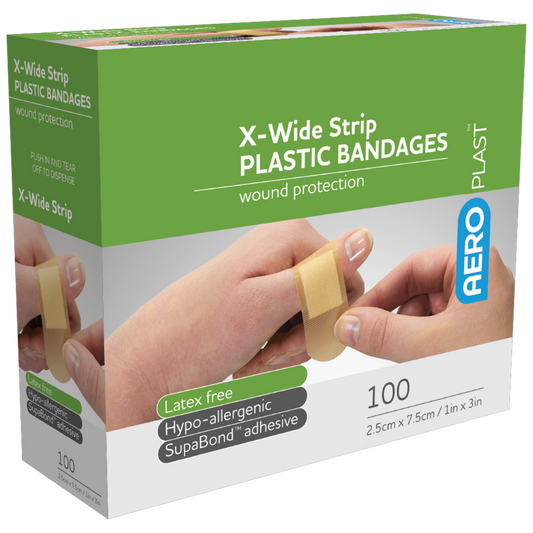 AEROPLAST Plastic X-Wide Strip 7.5 x 2.5cm Box/100 - Promed Supplies Pty Ltd